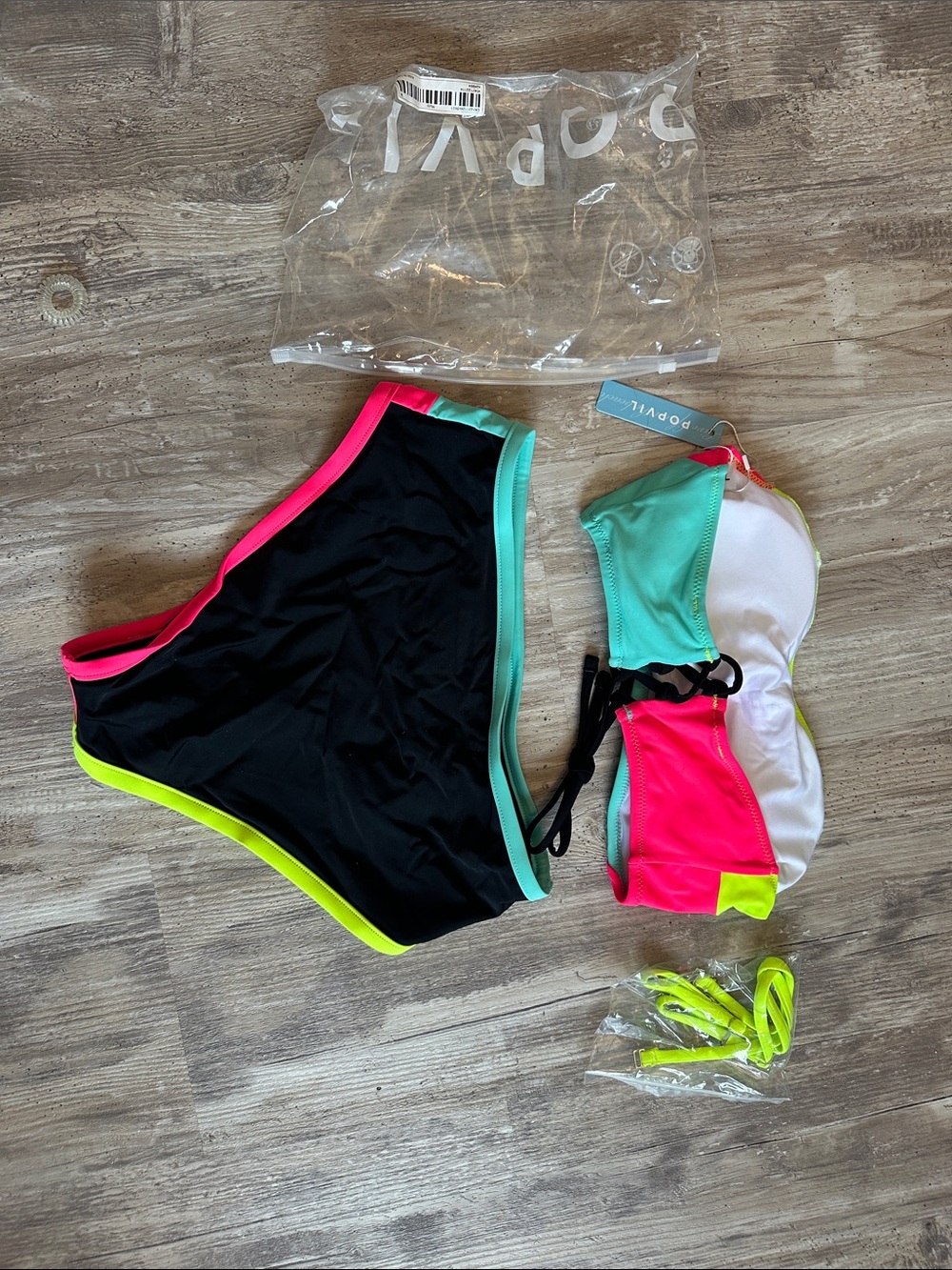 Popvil Medium Colorblock Neon Bikini Set - Pink, Lime & Aqua NWT - Picture 2 of 2
